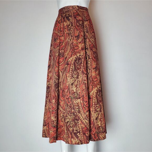 Vintage 80s Koret Plus Size Burnt Orange Paisley Midi Skirt - Picture 2 of 7